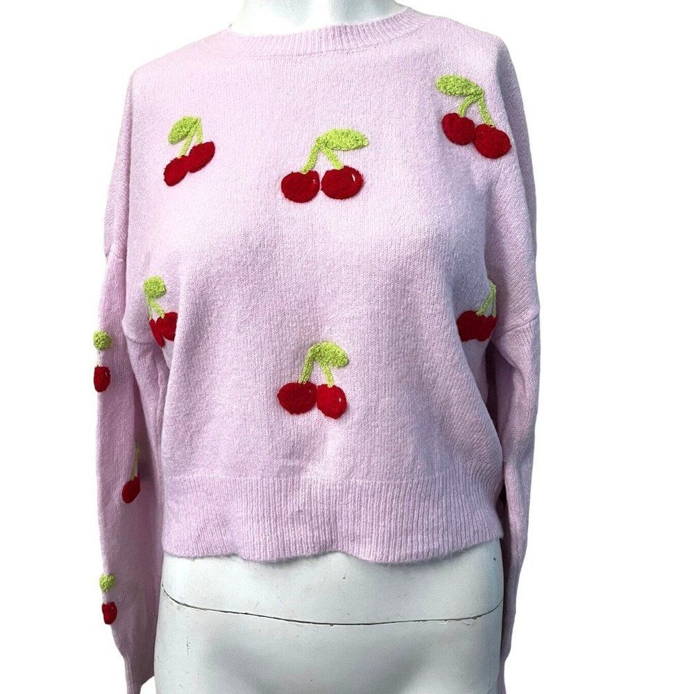 BB Dakota Pink Crewneck Sweater with Red Cherry Embroidery